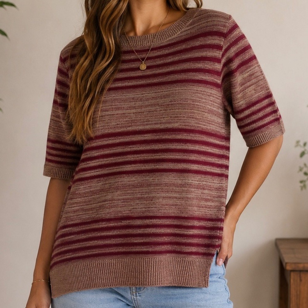 Christopher & Banks Striped Knit Sweater Top Burgundy Tan Boat Neck Medium USA
